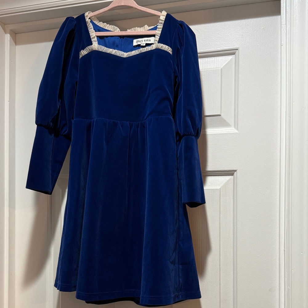 Grace Karin Blue Velvet Dress with Cream Accents